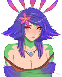 Rule 34 | 1girl, absurdres, artist name, blue hair, blue skin, breasts, cleavage, closed mouth, collarbone, colored skin, flower, freckles, green skin, hair flower, hair ornament, highres, jewelry, large breasts, league of legends, medium hair, multicolored skin, necklace, neeko (league of legends), orange eyes, pink flower, pink hair, shio aw, simple background, smile, solo, white background