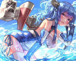 Rule 34 | 1girl, azur lane, bent over, blue hair, blue sky, blush, breasts, commentary request, day, denchu (kazudentyu), dress, elbow gloves, from side, garter straps, glint, gloves, hand up, hat, highres, large breasts, long hair, looking at viewer, mini hat, one side up, outdoors, purple eyes, rigging, short dress, sidelocks, sky, smile, solo, st. louis (azur lane), thighhighs, wading, wet, white gloves, white thighhighs