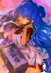 Rule 34 | 1girl, absurdres, apron, blue hair, china dress, chinese clothes, commentary, double bun, dress, finger to mouth, hair between eyes, hair bun, highres, kaamin (mariarose753), long hair, looking at viewer, ranma 1/2, red dress, red eyes, shampoo (ranma 1/2), short sleeves, sidelocks, solo, very long hair