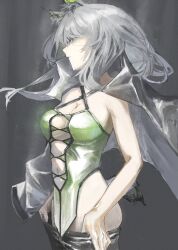 Rule 34 | 1girl, absurdres, animal ear fluff, animal ears, arknights, asymmetrical hair, black coat, breasts, cat ears, cat girl, cat tail, cleavage, coat, commentary, dress, english commentary, green dress, green eyes, grey hair, highres, kal&#039;tsit (arknights), kal&#039;tsit (remnant) (arknights), long hair, medium breasts, monmon (sleepymonmon), navel, official alternate costume, open clothes, open coat, parted lips, solo, tail, undressing