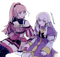 Rule 34 | 2girls, bad id, bad twitter id, blunt bangs, breasts, cleavage, cowboy shot, detached collar, dress, earrings, english text, female focus, fire emblem, fire emblem: three houses, gloves, hair between eyes, hair ornament, hilda valentine goneril, holding hands, hoop earrings, jewelry, long hair, long sleeves, lysithea von ordelia, maru2ichan, matching hair/eyes, multiple girls, nintendo, open mouth, parted lips, pink eyes, pink hair, ponytail, short dress, simple background, sitting, thighhighs, white background, white hair, yuri, zettai ryouiki