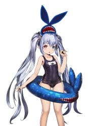 Rule 34 | alternate costume, artist request, blue eyes, blush, brown dust, character request, collarbone, eyebrows, familiar, flat chest, hair ribbon, heterochromia, long hair, official art, one-piece swimsuit, pointy ears, red eyes, ribbon, school swimsuit, silver hair, sitting, sitting on head, sitting on person, solo, star-shaped pupils, star (symbol), swimsuit, symbol-shaped pupils, twintails
