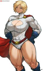 Rule 34 | 1girl, batako (batakoart), belt, blonde hair, blue eyes, breasts, cape, cleavage, cleavage cutout, clothing cutout, curvy, dc comics, female focus, gloves, hands on own hips, highres, large breasts, looking at viewer, muscular, muscular female, power girl, short hair, solo, thick thighs, thighs