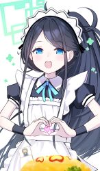Rule 34 | &lt;key&gt; (blue archive), 1girl, :d, absurdres, apron, aris (blue archive), aris (maid) (blue archive), black hair, blue archive, blue eyes, blue ribbon, caffeinechara, food, halo, heart, heart hands, highres, ketchup, long hair, looking at viewer, maid, maid apron, maid headdress, official alternate costume, omelet, omurice, open mouth, ponytail, ribbon, smile, solo