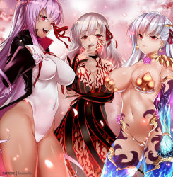 Rule 34 | 3girls, armlet, armor, bare shoulders, bb (fate), bb (fate/extra), bb (swimsuit mooncancer) (third ascension) (fate), bikini armor, black coat, black dress, blood, blood on face, blush, body markings, bracelet, breasts, cherry blossoms, cleavage, closed mouth, coat, collar, corruption, covered navel, dark persona, dark sakura, dress, earrings, fate/extra, fate/extra ccc, fate/grand order, fate/stay night, fate (series), flower, gloves, hair ribbon, hand on own chest, heaven&#039;s feel, highleg, highleg leotard, highres, holding, jewelry, kama (fate), kama (third ascension) (fate), large breasts, leotard, long hair, long sleeves, looking at viewer, lotus, matou sakura, metal collar, multiple girls, navel, neck ribbon, open mouth, parted lips, petals, purple hair, red ribbon, ribbon, sleeveless, sleeveless dress, smile, sparkle, tan, thighlet, thighs, very long hair, white gloves, white hair, white leotard, zasshu