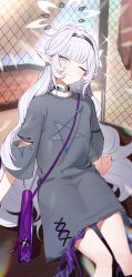 Rule 34 | 1girl, absurdres, alternate costume, belt collar, black hairband, blue archive, blunt bangs, blurry, blurry background, casual, closed mouth, collar, commentary request, earclip, grey hair, grey skirt, hairband, half-closed eye, highres, himari (blue archive), korean commentary, long hair, long sleeves, looking at viewer, mole, mole under eye, one eye closed, pointy ears, ponytail, purple bag, purple eyes, purple nails, sitting, skirt, smile, solo, star (symbol), star print, very long hair, zanya 000