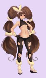 Rule 34 | 1girl, bare shoulders, black gloves, black pantyhose, black shirt, black shorts, blush, boots, breasts, brown hair, closed mouth, creatures (company), crop top, female focus, full body, game freak, gen 4 pokemon, gloves, hair ornament, hands on own hips, highvoltage, humanization, light blush, long hair, looking at viewer, lopunny, mega lopunny, mega pokemon, micro shorts, multi-tied hair, navel, nintendo, pantyhose, pokemon, purple background, red eyes, shirt, shorts, sidelocks, simple background, sleeveless, sleeveless shirt, small breasts, solo, standing, stomach, torn clothes, torn pantyhose, twintails, underboob, very long hair, yellow footwear