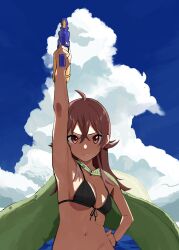 Rule 34 | 1girl, absurdres, ahoge, arm up, armpits, bikini, black bikini, blue sky, breasts, cloud, cloudy sky, commentary, day, front-tie top, garuku1120, green towel, hair between eyes, hair flaps, hand on own hip, highres, holding, holding toy, idolmaster, idolmaster shiny colors, komiya kaho, long hair, looking at viewer, medium breasts, navel, outdoors, red eyes, red hair, sky, smile, solo, stomach, swimsuit, toy, water gun