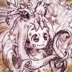Rule 34 | 1girl, 4n, :3, child, monochrome, monster girl, no humans, octopus, sketch, smile, solo, tentacles