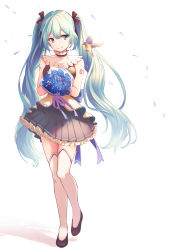Rule 34 | 1girl, bird, black footwear, black ribbon, blue eyes, blue flower, blue hair, bouquet, closed mouth, detached collar, flower, frilled skirt, frills, full body, grey skirt, hair ribbon, hatsune miku, high heels, highres, holding, holding bouquet, long hair, looking to the side, miniskirt, multiple girls, pleated skirt, pumps, purple ribbon, ribbon, shireru illust, simple background, skirt, smile, solo, standing, thigh gap, thighhighs, twintails, very long hair, vocaloid, white background, white thighhighs, zettai ryouiki
