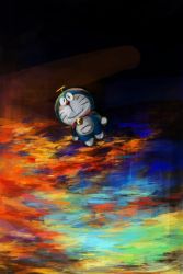 Rule 34 | 1boy, bell, closed mouth, commentary, doraemon, doraemon (character), closed eyes, flying, full body, highres, male focus, mochizuki tagosaku, multicolored background, neck bell, pouch, robot, smile, solo, spinning top, sunset, whiskers