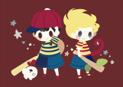 Rule 34 | 2boys, backpack, bag, baseball bat, black hair, blonde hair, blue shorts, blush stickers, brown background, brown bag, doseisan, full body, hitofutarai, holding, holding baseball bat, holding stick, looking at viewer, lucas (mother 3), male focus, mother (game), mother 2, mother 3, multiple boys, ness (mother 2), nintendo, red footwear, rope snake, shirt, shorts, smile, socks, standing, star (symbol), stick, striped clothes, striped shirt, white socks