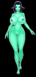 Rule 34 | 1girl, akiranime, animated, animated gif, barefoot, bouncing breasts, breasts, colored skin, curvy, earrings, eyeshadow, feet, female focus, forehead, full body, green eyes, green skin, hair pulled back, heterochromia, highres, huge breasts, jewelry, large breasts, legs, lips, looking at viewer, makeup, groin, nail polish, navel, nipples, nude, original, pointy ears, purple eyes, purple hair, short hair, simple background, solo, soria, thick thighs, thighs, toes, uncensored, walking, white background, wide hips