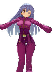 Rule 34 | 1girl, belt, blue hair, blush, bodysuit, breasts, chaps, commentary request, cropped jacket, gloves, kaisen chuui, kula diamond, long hair, looking at viewer, outstretched arms, red eyes, simple background, smile, solo, spread arms, the king of fighters, thigh gap, white background, zipper