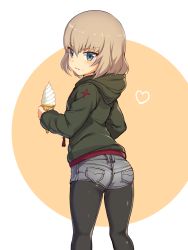 Rule 34 | 10s, 1girl, ass, black pantyhose, blue eyes, blush, brown hair, fang, fang out, food, food on face, from behind, girls und panzer, heart, ice cream, icomochi, katyusha (girls und panzer), pantyhose under shorts, looking at viewer, looking back, pantyhose, short hair, shorts, solo