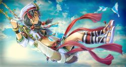 Rule 34 | 1girl, animal, bird, black bra, black hair, blue sky, bra, bracelet, cloud, cloudy sky, day, gladiator sandals, hat, highres, jewelry, looking at another, mino tarou, open clothes, open shirt, outdoors, sandals, shoe soles, shorts, sky, smile, soul calibur, soulcalibur, soulcalibur vi, swing, swinging, tagme, talim, third-party source, toes, underwear, white bird, white footwear, white headwear