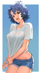 Rule 34 | 10s, 1girl, bad id, bad pixiv id, blue hair, breasts, brown eyes, covered erect nipples, highres, idolmaster, idolmaster million live!, looking at viewer, medium breasts, open mouth, rr (suisse200), shirt, short hair, short shorts, shorts, simple background, smile, solo, toyokawa fuka, wet, wet clothes, wet shirt