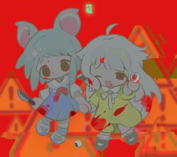 Rule 34 | &gt; o, 2girls, ahoge, animal ears, black eyes, black footwear, blood, blood on clothes, blood on face, blood on hands, bloody knife, blue dress, blurry, bow, chibi, chizunyanko, closed mouth, constricted pupils, crazy eyes, dress, empty eyes, exit sign, eyeball, fang, full body, glitch, grey hair, hand up, highres, holding, holding hands, holding knife, knife, long hair, long sleeves, looking at viewer, mary janes, mouse ears, multiple girls, neck ribbon, neckerchief, one eye closed, open mouth, original, red background, red eyes, red neckerchief, red pupils, red theme, ribbon, sailor collar, sailor dress, shirt, shoes, short hair, short sleeves, sign, sleeveless, sleeveless dress, smile, socks, standing, warning sign, white bow, white footwear, white hair, white sailor collar, white socks, yellow dress