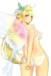 Rule 34 | 1girl, absurdres, arms behind back, ass, bikini, blonde hair, blush, breasts, butt crack, butterfly hair ornament, butterfly wings, elf, elwing, elwing ra-nah sylphith, feathers, fingernails, from behind, hair ornament, highres, insect wings, looking at viewer, looking back, medium breasts, own hands together, parted lips, pointy ears, scan, shining (series), shining tears, side-tie bikini bottom, sideboob, simple background, smile, sol, solo, swimsuit, thighs, tony taka, underboob, white bikini, wings