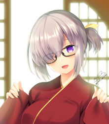 Rule 34 | 1girl, :d, azuma yuki, black-framed eyewear, blurry, blurry background, blush, breasts, commentary request, day, depth of field, fate/grand order, fate (series), glasses, hair over one eye, hair ribbon, head tilt, japanese clothes, kimono, long sleeves, mash kyrielight, mash kyrielight (enma-tei uniform), medium breasts, official alternate costume, one side up, open mouth, pinching sleeves, purple eyes, purple hair, red kimono, ribbon, signature, sleeves past wrists, smile, solo, sunlight, twitter username, upper body, yellow ribbon