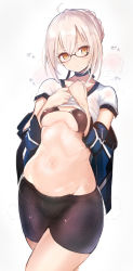 Rule 34 | 1girl, ahoge, artoria pendragon (fate), belly, bikini, bikini top only, black-framed eyewear, black bikini, black choker, black shorts, blonde hair, blue jacket, blush, breast suppress, breasts, choker, closed mouth, clothes lift, collarbone, cowboy shot, fate/grand order, fate (series), glasses, hanasaka houcha, hands on own chest, head tilt, highres, hip focus, jacket, looking at viewer, mysterious heroine x alter (fate), navel, off shoulder, open clothes, open jacket, shiny skin, shirt, shirt lift, short hair, short sleeves, shorts, simple background, small breasts, solo, standing, steaming body, stomach, swimsuit, underboob, white background, white shirt, yellow eyes