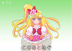 Rule 34 | 1girl, asahina mirai, blonde hair, blush, bow, closed mouth, clothes lift, crystal, cure miracle, dress, dress lift, earrings, female focus, gloves, gradient background, green background, hair ornament, hairband, half-closed eyes, happy, highres, japanese text, jewelry, lifted by self, long hair, looking at viewer, magical girl, mahou girls precure!, mikomo, navel, no panties, out-of-frame censoring, pink dress, pink gloves, precure, puffy short sleeves, puffy sleeves, purple eyes, pussy, pussy peek, red bow, see-through, short sleeves, simple background, smile, solo, standing, text focus, timestamp, translation request