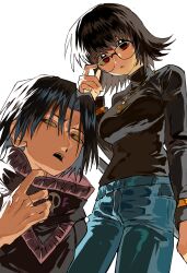 Rule 34 | 1boy, 1girl, absurdres, adjusting eyewear, black hair, black shirt, blue pants, collar tug, cross, cross necklace, feitan portor, glasses, gold necklace, hand up, highres, hunter x hunter, jewelry, long sleeves, looking down, looking to the side, necklace, open mouth, pants, red eyes, shirt, shizuku murasaki, simple background, standing, turtleneck, white background, xi luo an ya