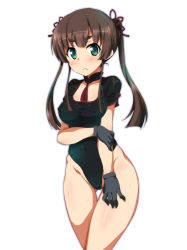 Rule 34 | 1girl, :&lt;, black gloves, black hair, chinese clothes, cowboy shot, covered erect nipples, gloves, green eyes, hair ornament, highres, leotard, looking at viewer, original, ouhashi, short eyebrows, simple background, solo, standing, thick eyebrows, thigh gap, twintails, white background
