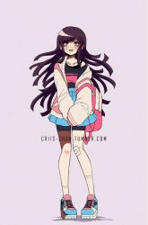 Rule 34 | 1girl, backpack, bag, bandaid, bandaid on face, bandaid on knee, bandaid on leg, black shirt, blue footwear, blue skirt, casual, collarbone, commentary, criis-chan, danganronpa (series), danganronpa 2: goodbye despair, duplicate, full body, grey background, jacket, kneehighs, long hair, long sleeves, looking at viewer, multicolored clothes, multicolored jacket, open mouth, pink bag, pink footwear, pink jacket, pink shirt, pleated skirt, shirt, shoes, shorts, shorts under skirt, simple background, single bare shoulder, skirt, sleeves past wrists, smile, sneakers, socks, solo, standing, striped, tsumiki mikan, tumblr username, two-tone shirt, v arms, white bag, white jacket, white socks