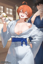 1boy 1girl ahoge beer_can black_hair blue_kimono blurry blurry_background breasts can cleavage closed_eyes closed_mouth drink_can fanbox_username hand_on_own_hip highres holding holding_can indoors japanese_clothes jjune kimono large_breasts looking_at_another mole mole_on_breast mole_under_mouth obi open_mouth orange_hair original patreon_username sash short_hair single_bare_shoulder standing wide_sleeves