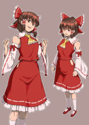 Rule 34 | 1girl, ascot, bow, brown eyes, brown hair, clothing cutout, detached sleeves, full body, grey background, hair bow, hair tubes, hakurei reimu, highres, kakone, looking at viewer, nontraditional miko, open mouth, red bow, red footwear, red shirt, red skirt, ribbon-trimmed skirt, ribbon-trimmed sleeves, ribbon trim, shirt, short hair, simple background, skirt, smile, socks, solo, standing, touhou, white socks, wide sleeves, yellow ascot
