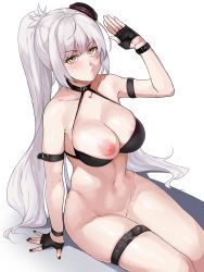 Rule 34 | 1girl, absurdres, bikini, bikini top only, black bikini, black gloves, black hat, black nails, bottomless, breasts, commission, fate/grand order, fate (series), fingerless gloves, gloves, hat, highres, jeanne d&#039;arc (fate), jeanne d&#039;arc alter (fate), jeanne d&#039;arc alter (mystery treasure) (fate), large breasts, long hair, mystery treasure, nail polish, navel, nipples, official alternate costume, one breast out, ponytail, sailor hat, silver hair, sitting, solo, swimsuit, tilted headwear, todding, yellow eyes