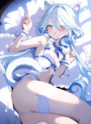 1girl absurdres animal_ears armpits ass babydoll blue_eyes blue_gemstone blue_hair blush breasts cat_ears cat_tail cleavage drop-shaped_pupils furina_(genshin_impact) gem genshin_impact highres light_blue_hair long_hair lying navel on_bed on_side panties parted_lips pillow rrr_gns_(riuriu_1212) scrunchie small_breasts solo stomach symbol-shaped_pupils tail underwear wavy_hair white_babydoll white_panties wrist_scrunchie