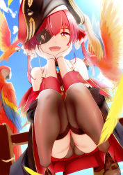 Rule 34 | 1girl, :d, animal, ass, bare shoulders, bird, black hat, black jacket, black panties, black thighhighs, boots, brooch, cameltoe, cloud, commentary, elbow rest, eyepatch, feathers, gloves, hair between eyes, hair ribbon, hat, head rest, highres, hololive, houshou marine, jacket, jewelry, long hair, looking at viewer, off-shoulder jacket, off shoulder, open mouth, outdoors, panties, pantyshot, parrot, pirate hat, red hair, red shirt, ribbon, shirt, sky, smile, solo, squatting, thighhighs, thighs, twintails, underwear, virtual youtuber, white gloves, yilan un