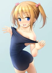 Rule 34 | 1girl, adjusting clothes, adjusting swimsuit, arched back, ass, bad anatomy, blonde hair, blue background, blue eyes, blue one-piece swimsuit, clothes pull, collarbone, from above, gradient background, grey background, hair between eyes, hair ribbon, highres, looking at viewer, looking back, monochrome background, old school swimsuit, one-piece swimsuit, one-piece swimsuit pull, original, parted bangs, pink ribbon, pulled by self, ribbon, school swimsuit, shibacha, short twintails, solo, swimsuit, thighhighs, twintails, twisted torso