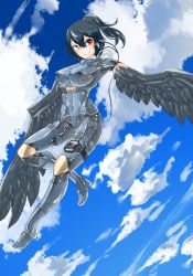 Rule 34 | 1girl, black hair, breasts, covered navel, digital media player, earphones, feathered wings, harpy, large breasts, legband, long hair, looking at viewer, monster girl, original, ponytail, red eyes, sawasawa (sawa2 m), skin tight, smile, solo, winged arms, wings