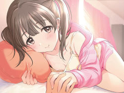 Rule 34 | 1girl, blush, breasts, brown hair, cleavage, curtains, day, holding hands, indoors, jacket, looking at viewer, on bed, original, pillow, pink jacket, pink shorts, short twintails, shorts, small breasts, smile, solo focus, tsukana (saba mizore), twintails, window