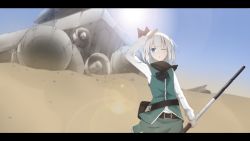 Rule 34 | 1girl, arm up, bad id, bad pixiv id, bag, belt, black scarf, blue eyes, blue sky, blurry, collared shirt, cowboy shot, day, depth of field, desert, frilled skirt, frills, green skirt, green vest, hairband, hot, konpaku youmu, lens flare, letterboxed, looking to the side, one eye closed, open mouth, polearm, sand, satchel, scarf, shirt, short hair, skirt, skirt set, sky, solo, staff, star destroyer, star wars, star wars: the force awakens, sun, touhou, vest, weapon, white hair, white shirt, wreckage, xialuluo (sharuro)