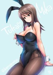 Rule 34 | 1girl, alternate costume, animal ears, aqua background, arm support, bare shoulders, black leotard, blush, bow, bowtie, breasts, brown eyes, brown hair, character name, cleavage, clothes tug, collarbone, covered navel, detached collar, fake animal ears, fingernails, finnish text, fishnet pantyhose, fishnets, girls und panzer, hair between eyes, heart, highleg, highleg leotard, impossible clothes, impossible leotard, invisible chair, kamogawa tanuki, large breasts, leotard, long hair, looking at viewer, mika (girls und panzer), nail polish, pantyhose, playboy bunny, rabbit ears, shiny skin, side-tie leotard, signature, simple background, sitting, smile, solo, swept bangs, twitter username, wrist cuffs