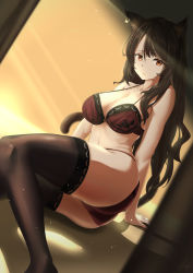 Rule 34 | 1girl, animal ear fluff, animal ears, arknights, ass, black thighhighs, bra, breasts, brown hair, cat ears, cat tail, cleavage, closed mouth, commentary, day, dutch angle, earrings, english commentary, eyelashes, glint, hair between eyes, highres, indoors, jewelry, large breasts, light particles, light rays, lips, long hair, looking at viewer, midriff, nev (nevblindarts), orange eyes, panties, red bra, red panties, shadow, signature, sitting, skyfire (arknights), smile, solo, sunlight, tail, thighhighs, thighs, underwear, underwear only
