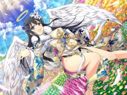 Rule 34 | 1girl, angel, angel wings, anklet, black hair, blue eyes, blue flower, blue panties, blue sky, blunt bangs, blush, bow, chest bow, chinese knot, feathered wings, feathers, field, floating, floating object, floral print, floral print kimono, flower, flower field, flying, fur-trimmed kimono, fur collar, fur trim, gradient sky, grass, groin, hair flower, hair ornament, halo, heart, high heels, japanese clothes, jewelry, kimono, leaf, light particles, light rays, lily (flower), long hair, looking at viewer, mountain, mountainous horizon, obi, official alternate costume, official art, open mouth, orange flower, panties, pink flower, plaid, plant, red flower, ribbon, ryouki (senran kagura), sash, senran kagura, senran kagura estival versus, senran kagura new link, shiny skin, sky, smile, solo, sparkle, tassel, underwear, white footwear, white lily, wide sleeves, wing piercing, wings, yaegashi nan, yellow flower, yellow halo