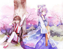 Rule 34 | 2girls, against tree, brown eyes, brown hair, cherry blossoms, dress, feng you, grey eyes, luo tianyi, multiple girls, pink hair, sitting, standing, tree, umbrella, vocaloid, vsinger, yuezheng ling