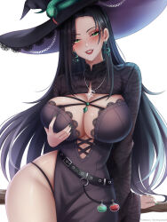 1girl absurdres black_hair breasts earrings gluteal_fold grabbing_another&#039;s_breast green_eyes green_nails groping halloween_costume hat highres hime_tyan_art jewelry large_breasts long_hair non-web_source original potion slit_pupils snake witch witch_hat