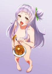 Rule 34 | 1girl, :d, barefoot, blunt bangs, breasts, completely nude, food, fork, full body, hair bun, hairband, highres, hololive, long hair, looking at viewer, murasaki shion, navel, nude, open mouth, pancake, plate, purple hair, single hair bun, small breasts, smile, solo, tongue, tongue out, virtual youtuber, zabudog777