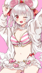 Rule 34 | 1girl, animal ears, arms up, bikini, bikini skirt, blush, breasts, choker, cleavage, cowboy shot, fake animal ears, flower choker, granblue fantasy, grey hair, highres, jacket, looking at viewer, mouse ears, navel, one eye closed, open clothes, open jacket, open mouth, osakana (rrg0123), pink background, red eyes, short hair, simple background, skirt, small breasts, solo, striped bikini, striped clothes, swimsuit, vikala (blooming summer wallflower) (granblue fantasy), vikala (granblue fantasy), white jacket, white skirt