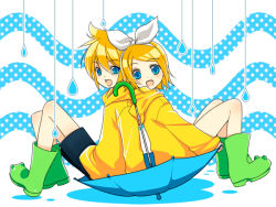 Rule 34 | 1boy, 1girl, back-to-back, bad id, bad pixiv id, blonde hair, blue background, blue eyes, boots, brother and sister, from side, hair ribbon, kagamine len, kagamine rin, kirino kasumu, open mouth, rain, raincoat, ribbon, rubber boots, short hair, shorts, siblings, sitting, smile, twins, umbrella, vocaloid, water drop, white background