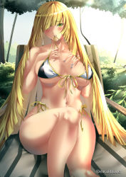 Rule 34 | 1girl, alternate breast size, artist name, beach chair, bikini, bikini in mouth, blonde hair, blue nails, blush, breasts, cleavage, clothes in mouth, creatures (company), earrings, excaliblader, front-tie bikini top, front-tie top, game freak, green eyes, hands on own chest, jewelry, knee up, large breasts, long hair, looking at viewer, lusamine (pokemon), mature female, mouth hold, nail polish, navel, nintendo, one eye covered, outdoors, pokemon, pokemon sm, side-tie bikini bottom, sitting, sunlight, swimsuit, tree, very long hair