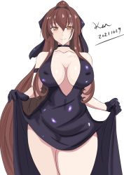 Rule 34 | 1girl, absurdres, artist name, black dress, black gloves, black ribbon, blush, breasts, breasts apart, brown eyes, brown hair, closed mouth, clothes lift, covered erect nipples, dated, dress, dress lift, gloves, hair between eyes, hair ribbon, highres, kantai collection, ken (shutenndouji1), large breasts, latex, latex dress, latex gloves, long hair, looking at viewer, one-hour drawing challenge, ponytail, ribbon, simple background, solo, very long hair, white background, yamato (kancolle)