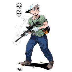 Rule 34 | 1boy, animification, ar-15, backwards hat, baseball cap, black bag, blue eyes, blue pants, boots, collarbone, commentary, cross-laced footwear, dated, firstamericanmanga, full body, gloves, green shirt, grey footwear, gun, hat, holding, holding gun, holding weapon, kyle rittenhouse, light brown hair, looking ahead, male focus, nervous, optical sight, orange bag, pants, parted lips, real life, rifle, shadow, shell casing, shirt, short hair, short sleeves, simple background, skull, smoke, solo, standing, sweat, t-shirt, two-tone bag, weapon, white background, white gloves, white hat