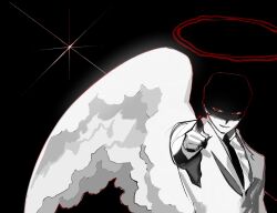 Rule 34 | 1boy, angel, angel wings, black background, black eyes, black halo, black necktie, claws, collared jacket, collared shirt, colored extremities, colored skin, diffraction spikes, empty eyes, feathered wings, grin, halo, hand up, highres, jacket, korean commentary, long sleeves, looking at viewer, male focus, necktie, original, outline, pointing, pointing at viewer, red outline, sasi mozzi1, shaded face, shirt, short hair, simple background, single wing, smile, solo, upper body, white jacket, white shirt, white skin, white wings, wings